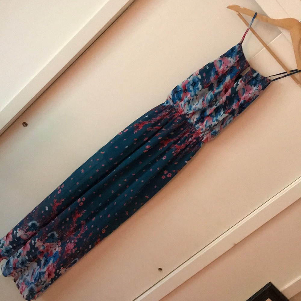 Fate Teal/Floral Chiffon Halter Maxi, Small